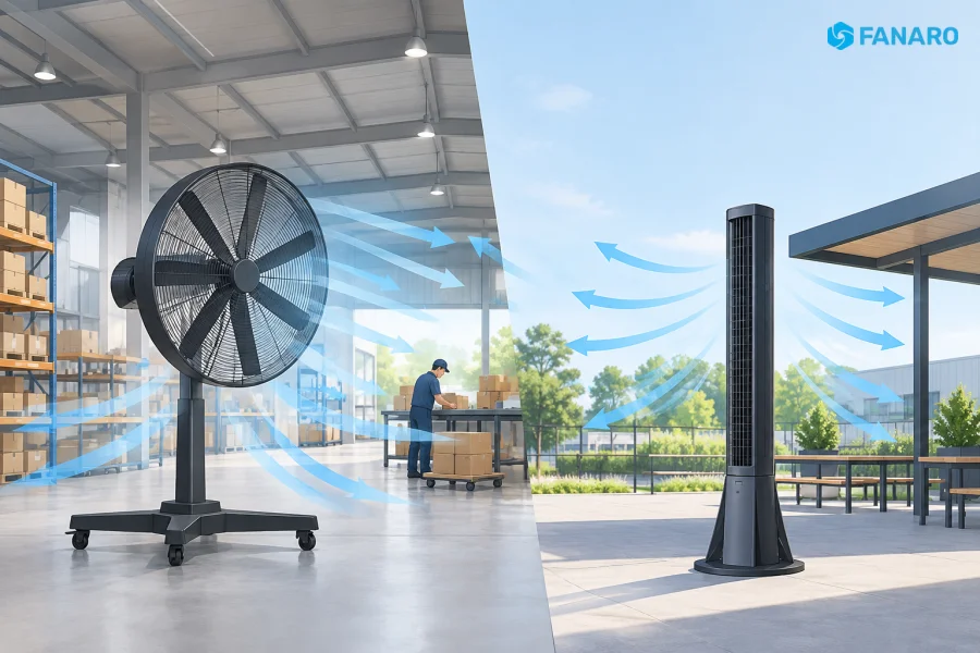 Quạt sàn HVLS — Giải pháp cho không gian ngoài trời và trần thấp hoạt động ra sao?
