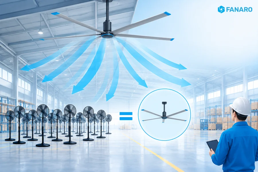 1 Quạt HVLS thay thế bao nhiêu Quạt đứng? Giải đáp chi tiết cho doanh nghiệp
