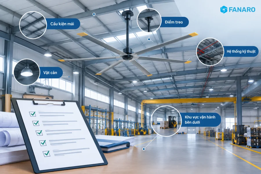 Lắp đặt Quạt HVLS cần điều kiện kết cấu gì? Checklist cho chủ xưởng