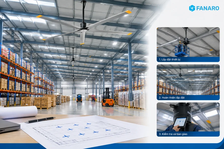 Nhật ký công trình: Lắp 6 Quạt HVLS cho kho logistics 4000m² trong 3 ngày